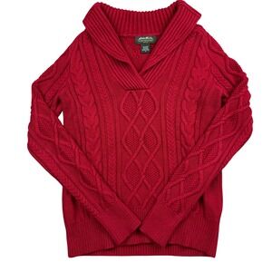 Eddie Bauer Red Cable Knit Fisherman Sweater Shawl Collar Wool Blend Womens S